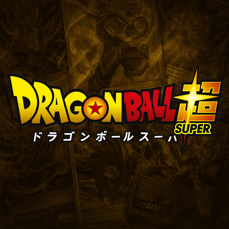 Logo de Dragon Ball Super Trading Card Game sobre fondo de cartas coleccionables en tonos dorados y negros con estilo premium