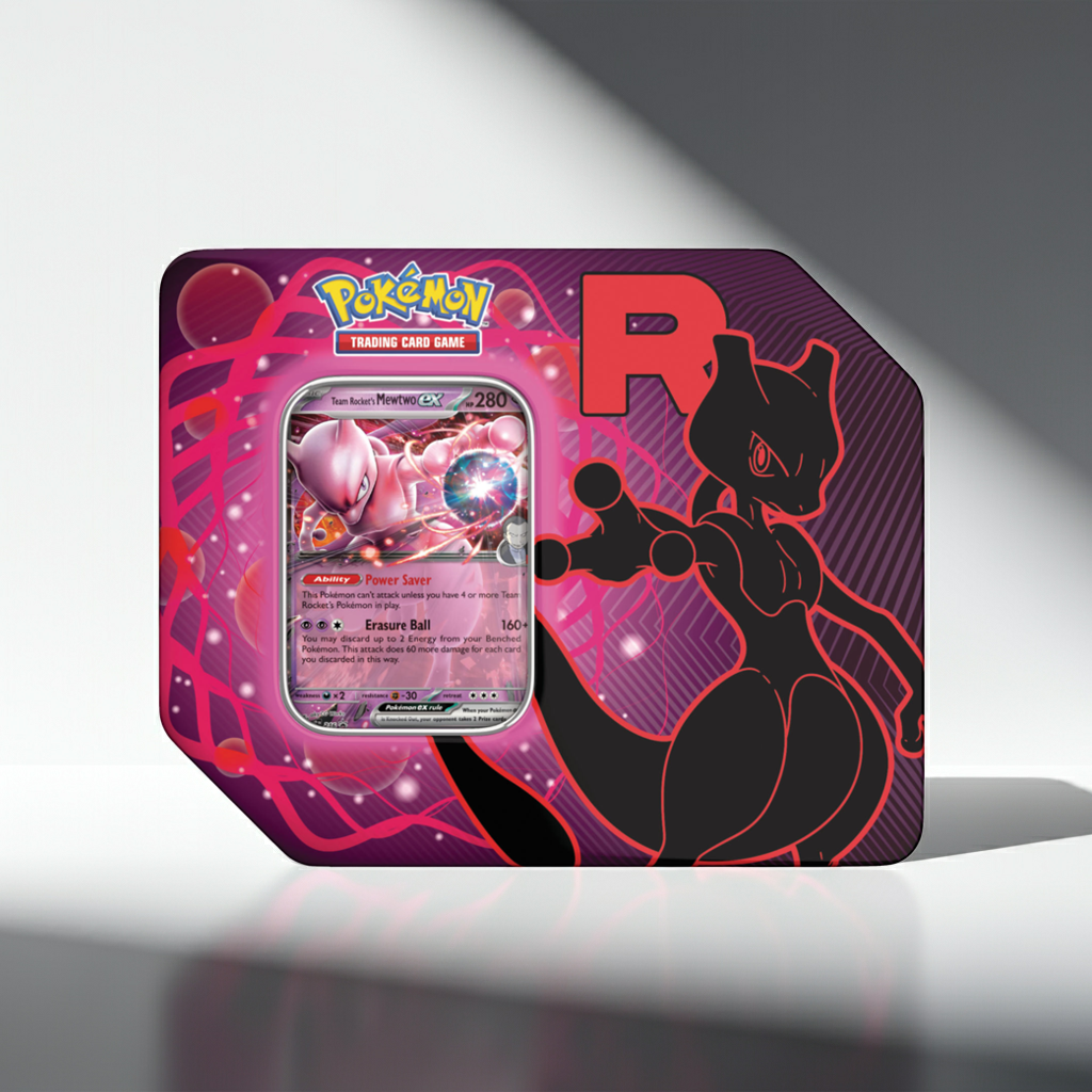 Lata Team Rocket Mewtwo EX, vista frontal con carta promocional