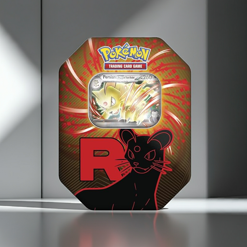 Lata Team Rocket Persian EX, vista frontal con carta promocional