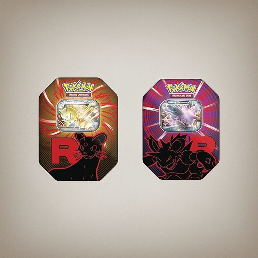 Latas Team Rocket Persian EX y Nidoking EX, comparación de modelos frontales