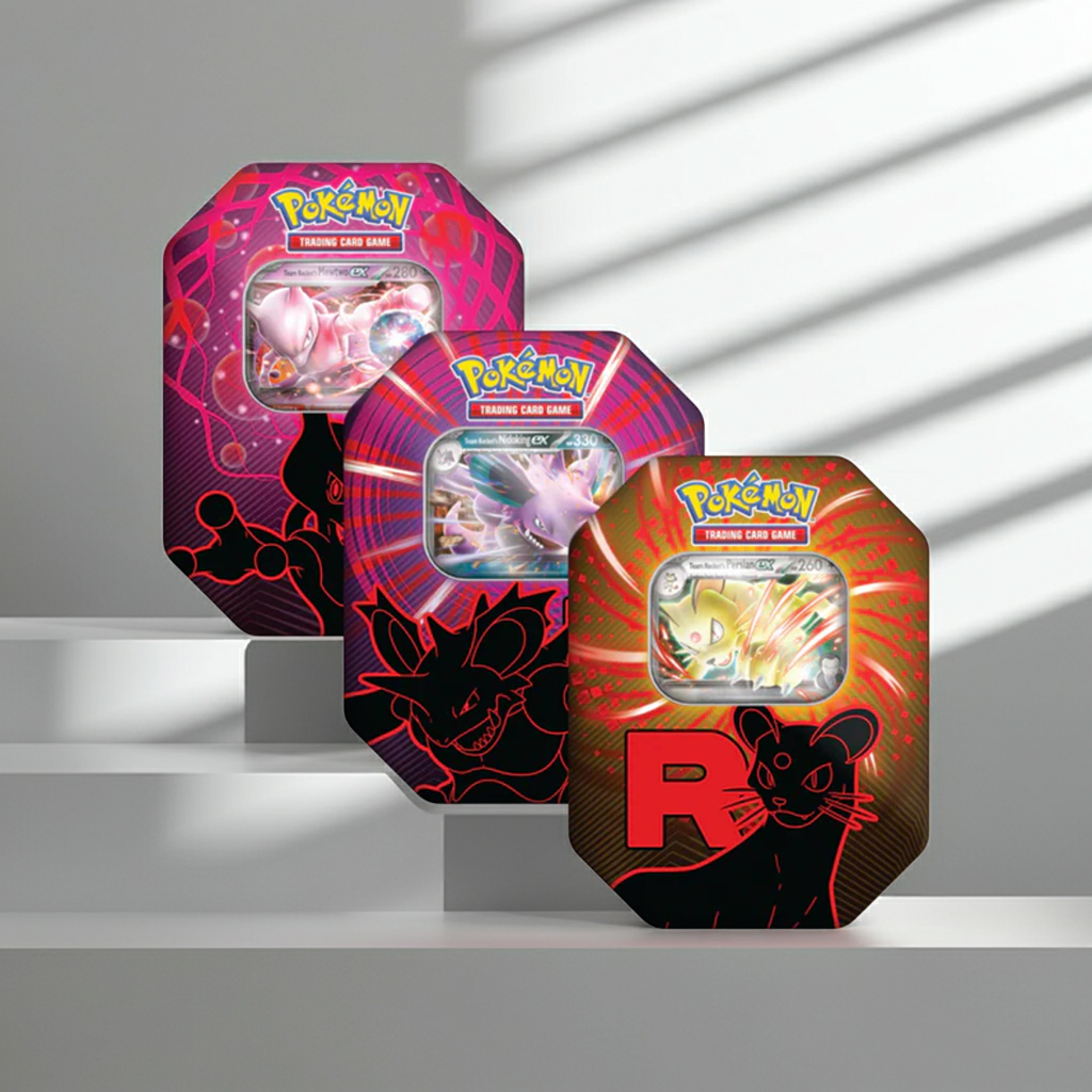Set de tres latas Team Rocket (Mewtwo EX, Nidoking EX y Persian EX), vista frontal escalonada