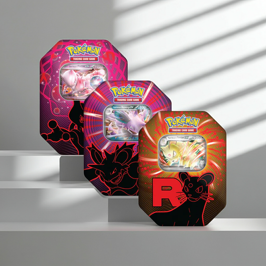 Set de tres latas Team Rocket (Mewtwo EX, Nidoking EX y Persian EX), vista frontal escalonada