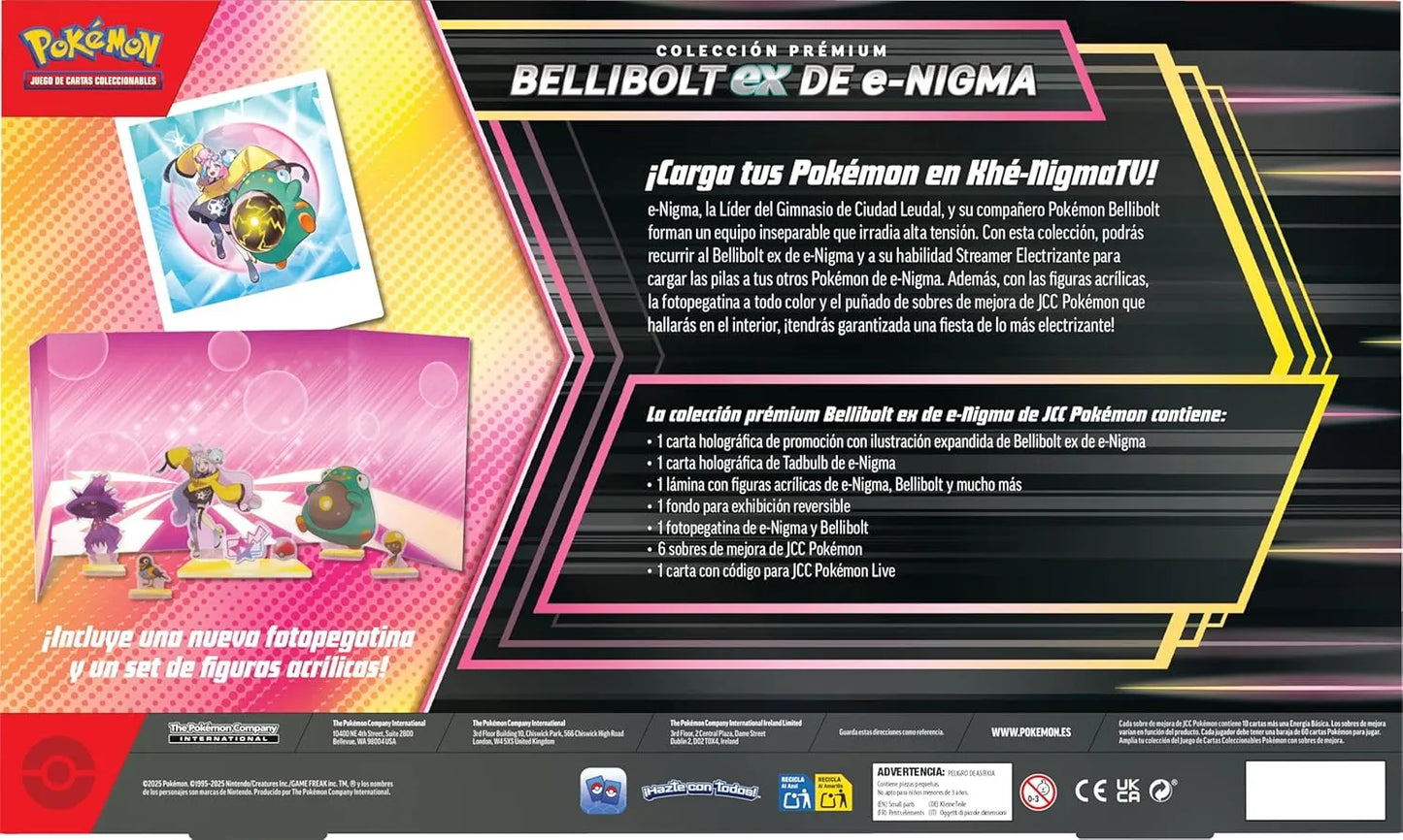 Parte trasera caja Bellibolt ex de e-Nigma ES – lista de contenidos oficiales y advertencias