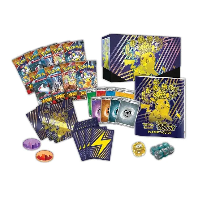 Contenido de la Caja de Entrenador Élite Pokémon Escarlata y Púrpura Chispas Fulgurantes con sobres, fundas, contadores y accesorios