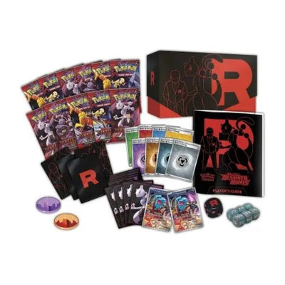 Contenido de la Elite Trainer Box Pokémon Escarlata y Púrpura Rivales Predestinados con sobres, fundas y accesorios