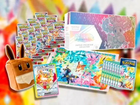 Contenido completo de Evoluciones Prismáticas: sobres, peluche, cartas y tapete
