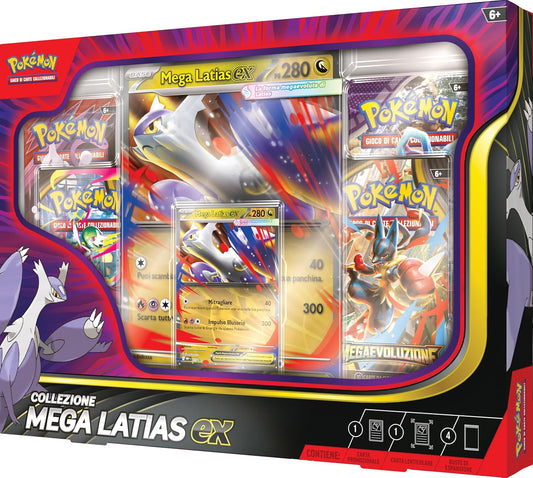 Caja Pokémon Mega Latias EX vista en ángulo con cartas y sobres visibles.