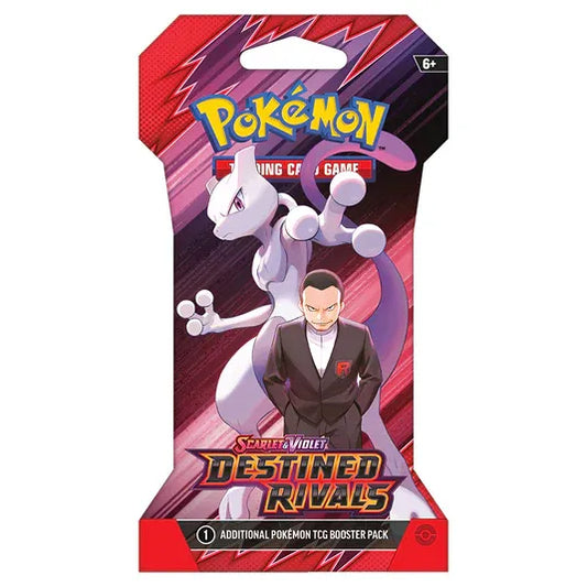 Sobre blíster (Sleeved Booster) Pokémon TCG – Rivales Predestinados / Destined Rivals (ES), arte Giovanni y Mewtwo. Lanzamiento 2025. EAN 196214110335