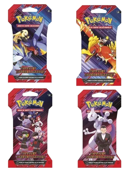 Pack con los 4 artes oficiales del sobre blíster Pokémon TCG – Rivales Predestinados / Destined Rivals (ES). Ideal para ficha de producto y galería