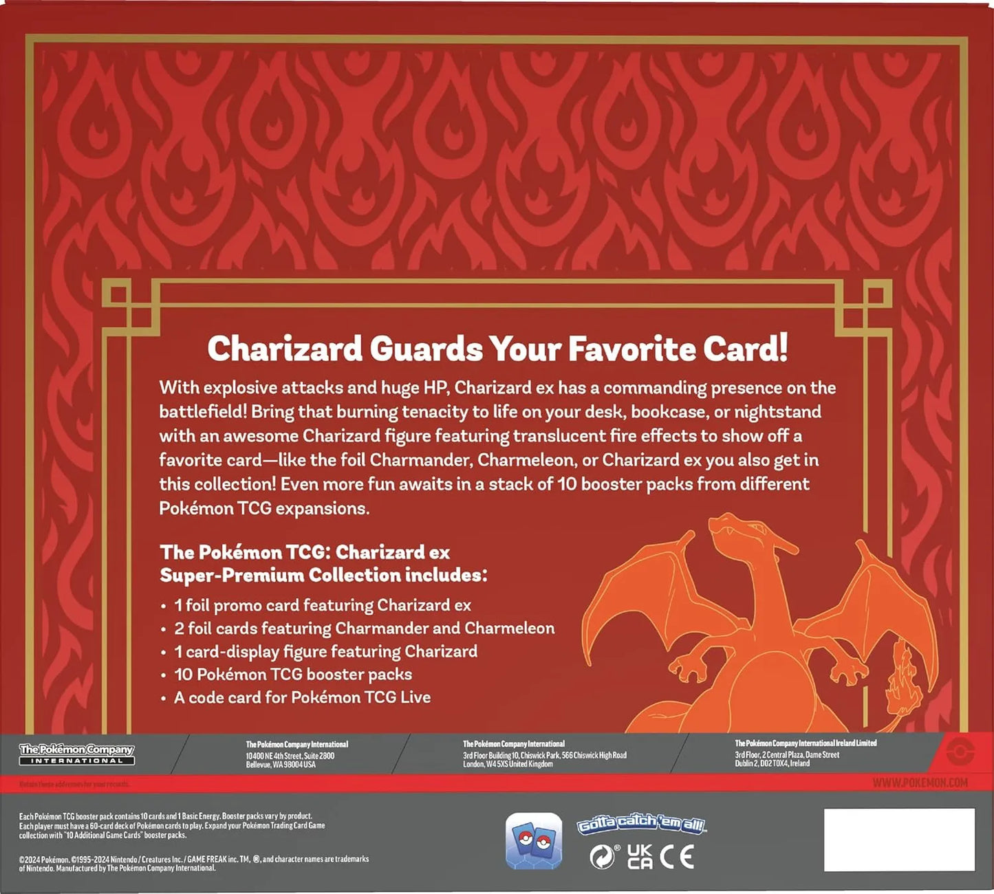 Parte trasera de la caja Charizard ex Super Premium con especificaciones