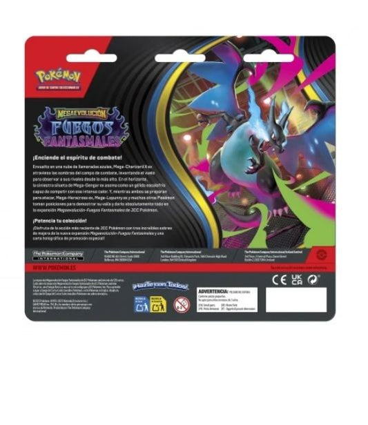 Parte trasera del blíster Pokémon TCG Megaevolución Fuegos Fantasmales 3 sobres Weavile en español con información del producto