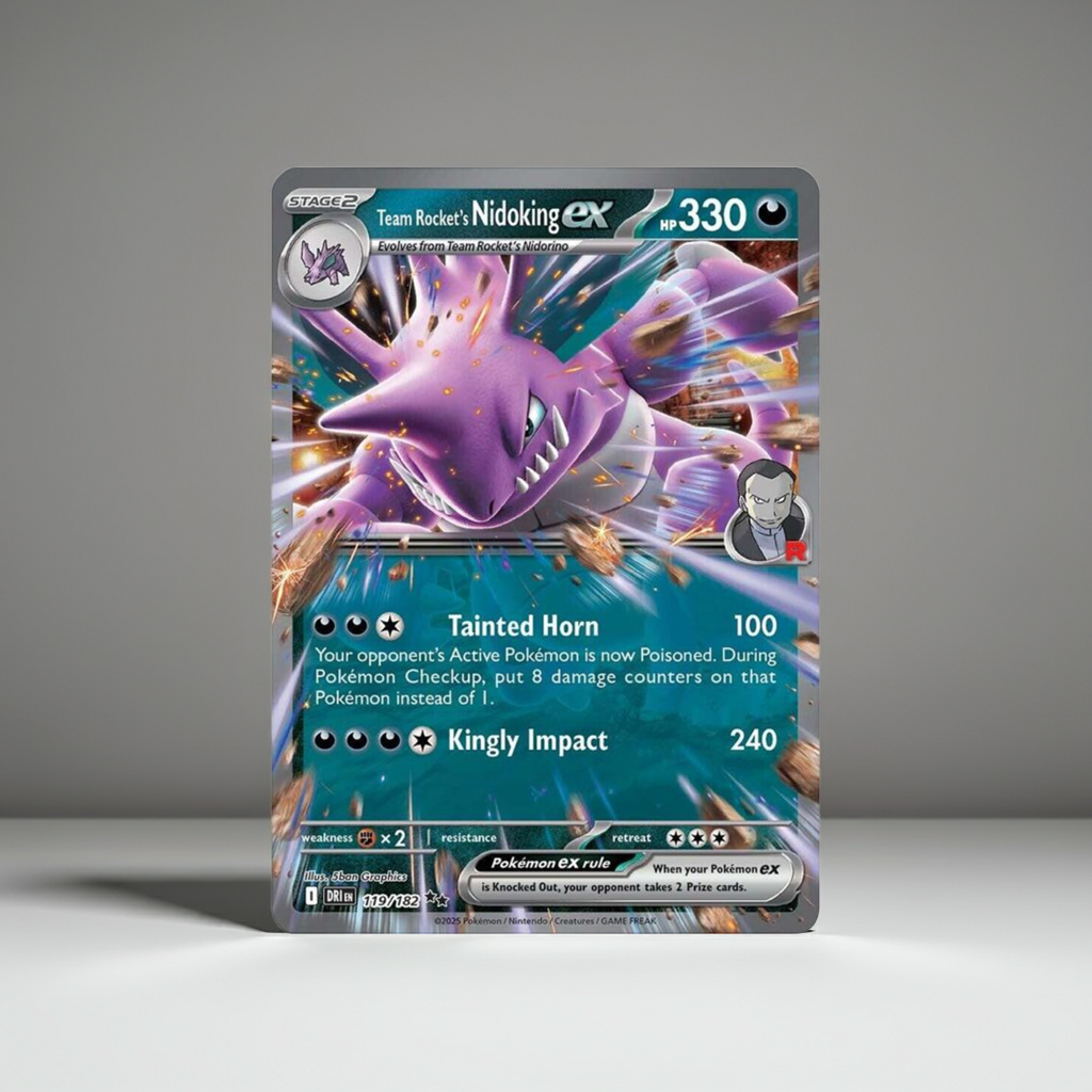 Carta promo Team Rocket’s Nidoking ex, primer plano con detalles del arte