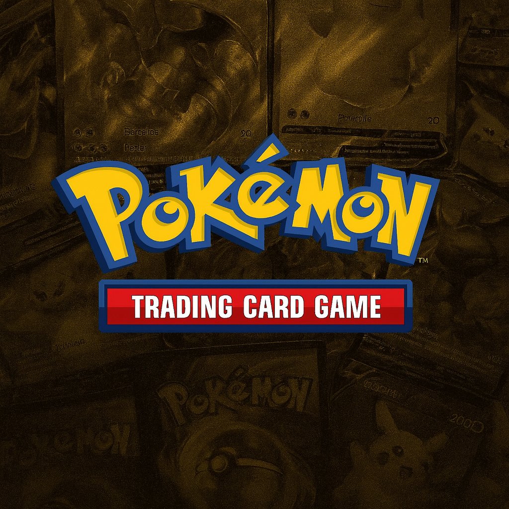 Logo de Pokémon Trading Card Game sobre fondo elegante de cartas coleccionables en tonos negros y dorados con estilo premium