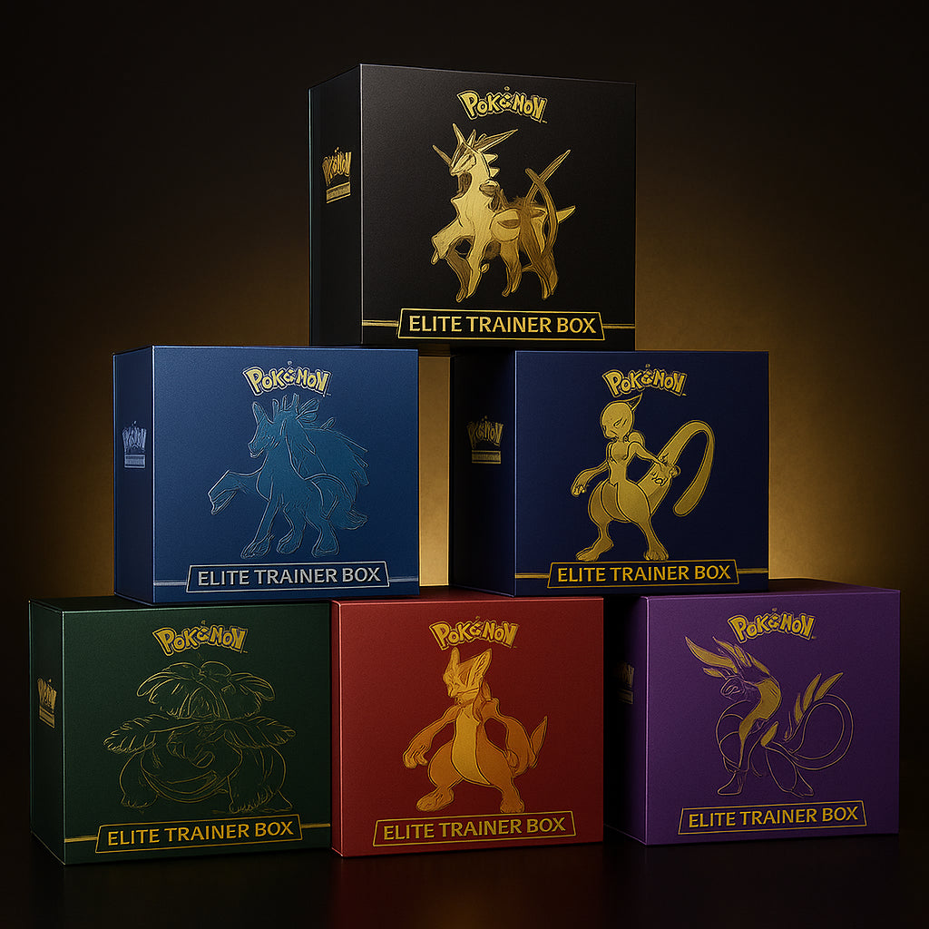 Cajas de Entrenador Élite de Pokémon TCG apiladas en pirámide con estilo 3D sobre fondo negro y dorado, mostrando un diseño premium y sofisticado