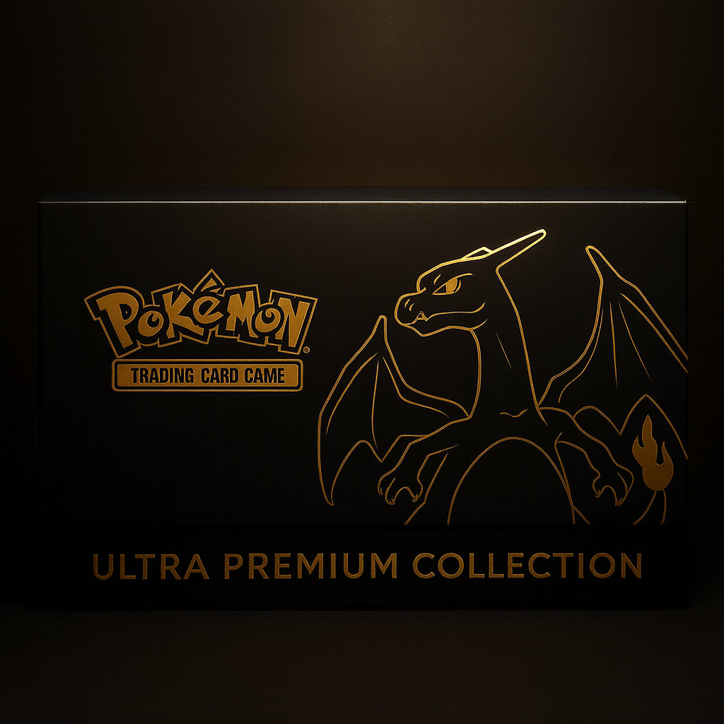 Caja Ultra Premium Pokémon TCG con diseño elegante de Charizard en negro y dorado, producto exclusivo para coleccionistas