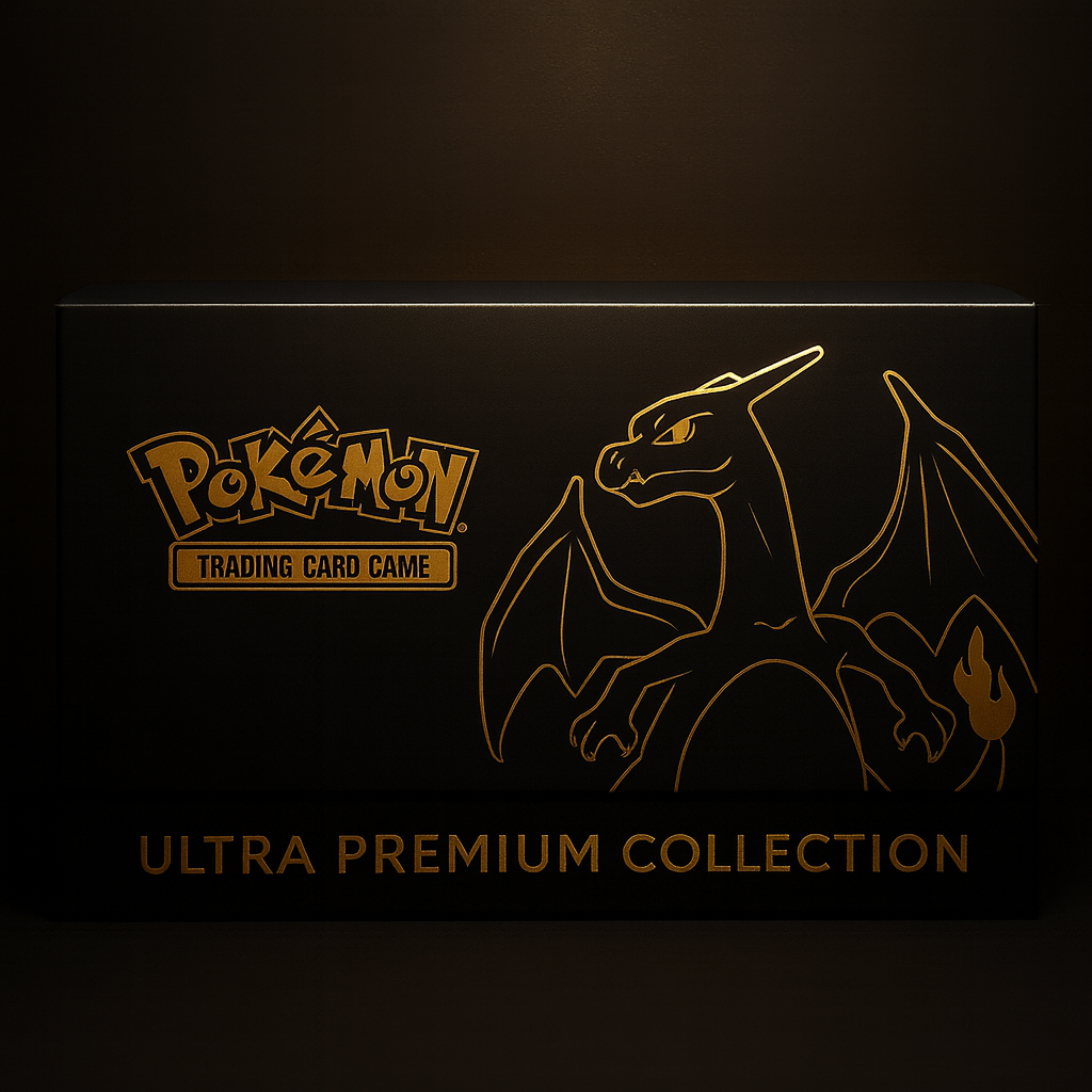 Caja Ultra Premium Pokémon TCG con diseño elegante de Charizard en negro y dorado, producto exclusivo para coleccionistas