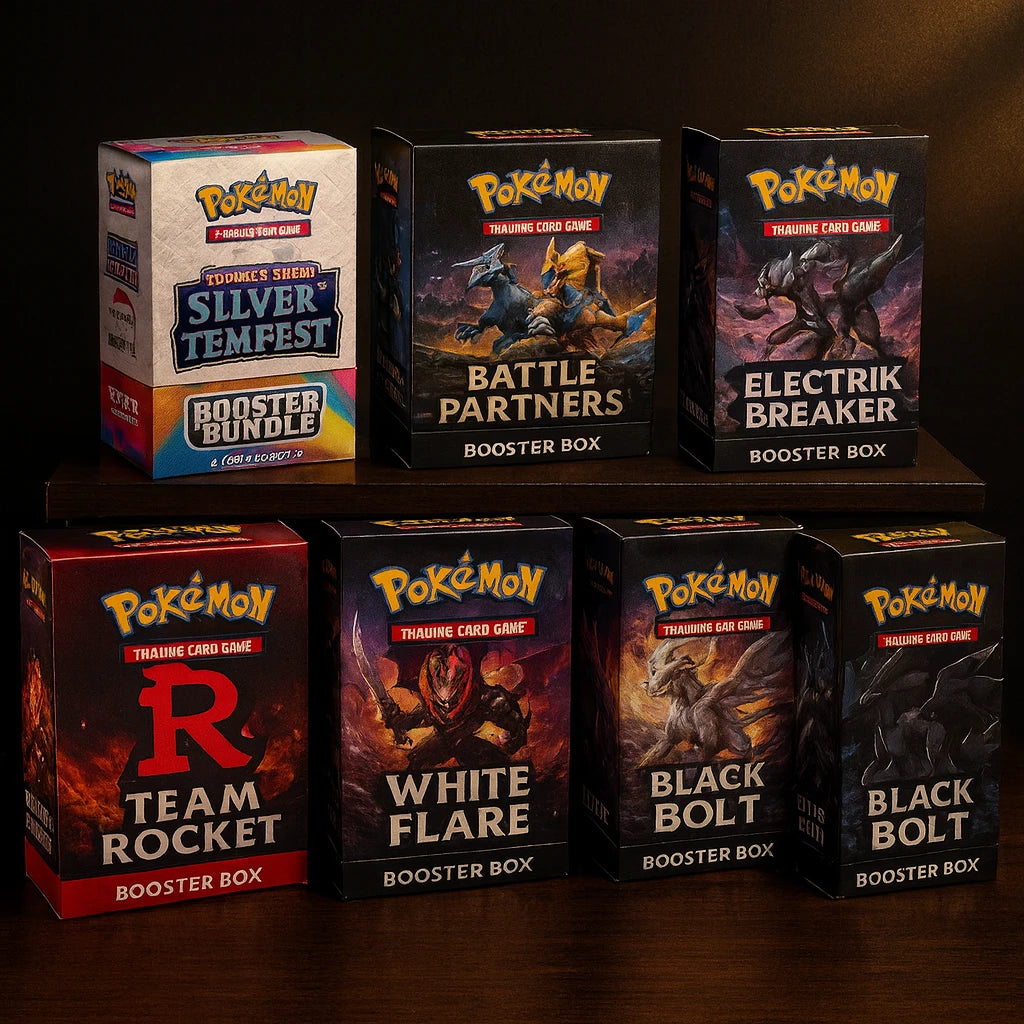 Varias booster box de Pokémon TCG como Team Rocket, Silver Tempest, Battle Partners y otras ediciones expuestas sobre fondo elegante