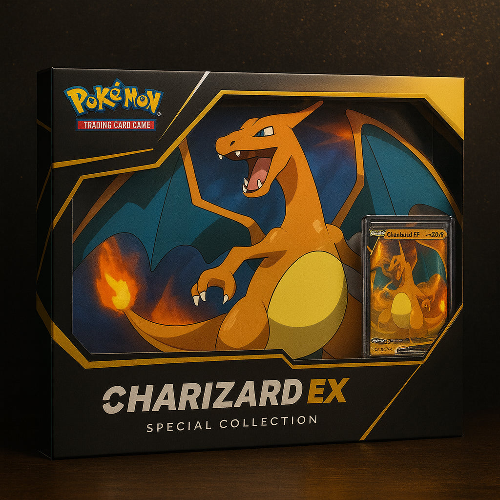 Caja Charizard EX Special Collection del Pokémon TCG sobre fondo negro y dorado con diseño elegante y carta promocional visible
