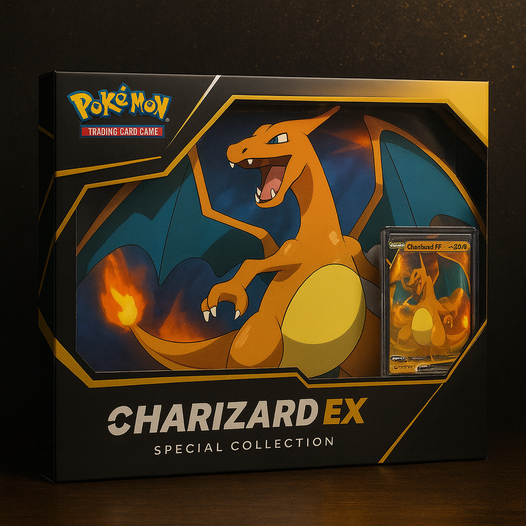Caja Charizard EX Special Collection del Pokémon TCG sobre fondo negro y dorado con diseño elegante y carta promocional visible