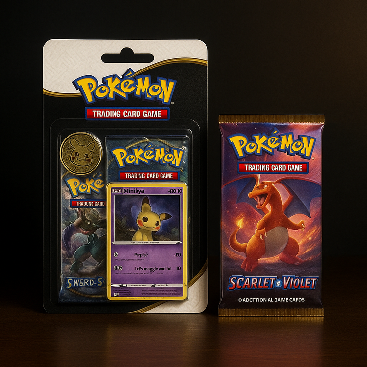 Blister premium de Pokémon TCG con carta promocional y moneda junto a un sobre de cartas coleccionables Scarlet & Violet sobre fondo elegante