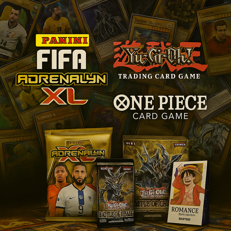 Cartas coleccionables de Yu-Gi-Oh, One Piece y Panini Fútbol mezcladas sobre fondo elegante en negro y dorado con logos de las franquicias