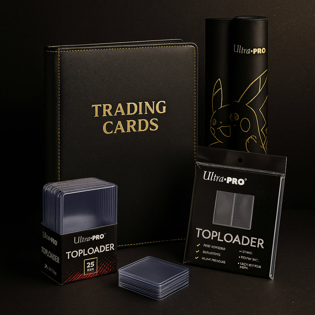 Accesorios premium para cartas coleccionables incluyendo álbum de lujo, caja de toploaders y tapetes Ultra Pro sobre fondo elegante en negro y dorado