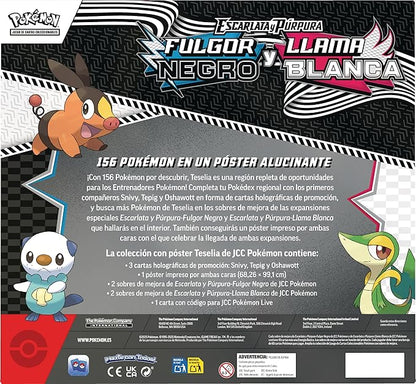 Parte trasera en espanol de la Coleccion con Poster Fulgor Negro y Llama Blanca con listado de contenido y tamano del poster