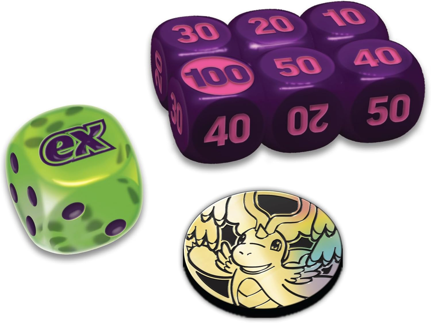 Accesorios ETB Héroes Ascendentes - Dado ex verde, 6 dados contadores de daño morados y moneda holográfica Mega Dragonite