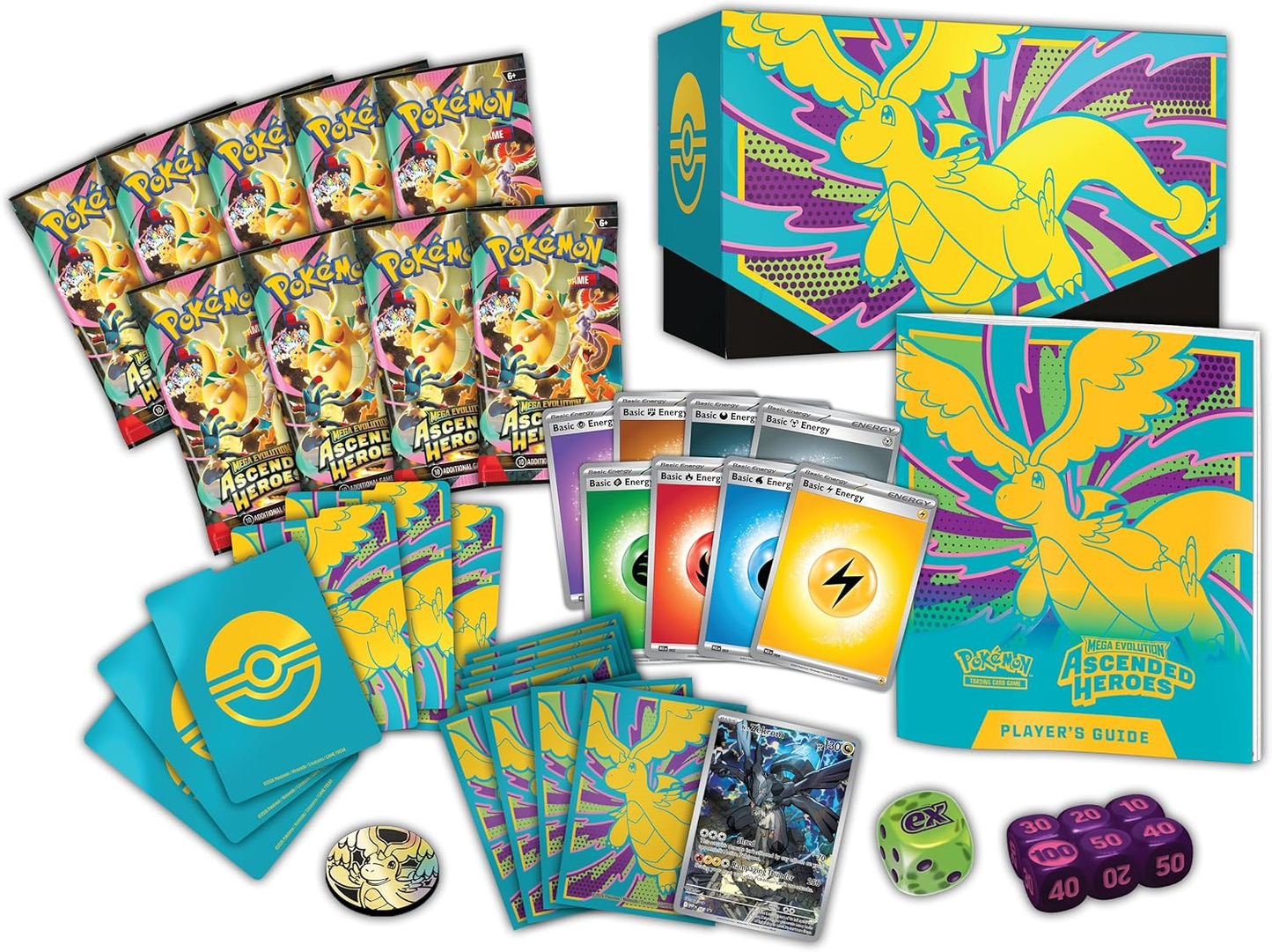 ETB Pokémon Héroes Ascendentes contenido abierto - 9 sobres, fundas, energías, promo N's Zekrom, dados, moneda, guía y caja Mega Dragonite