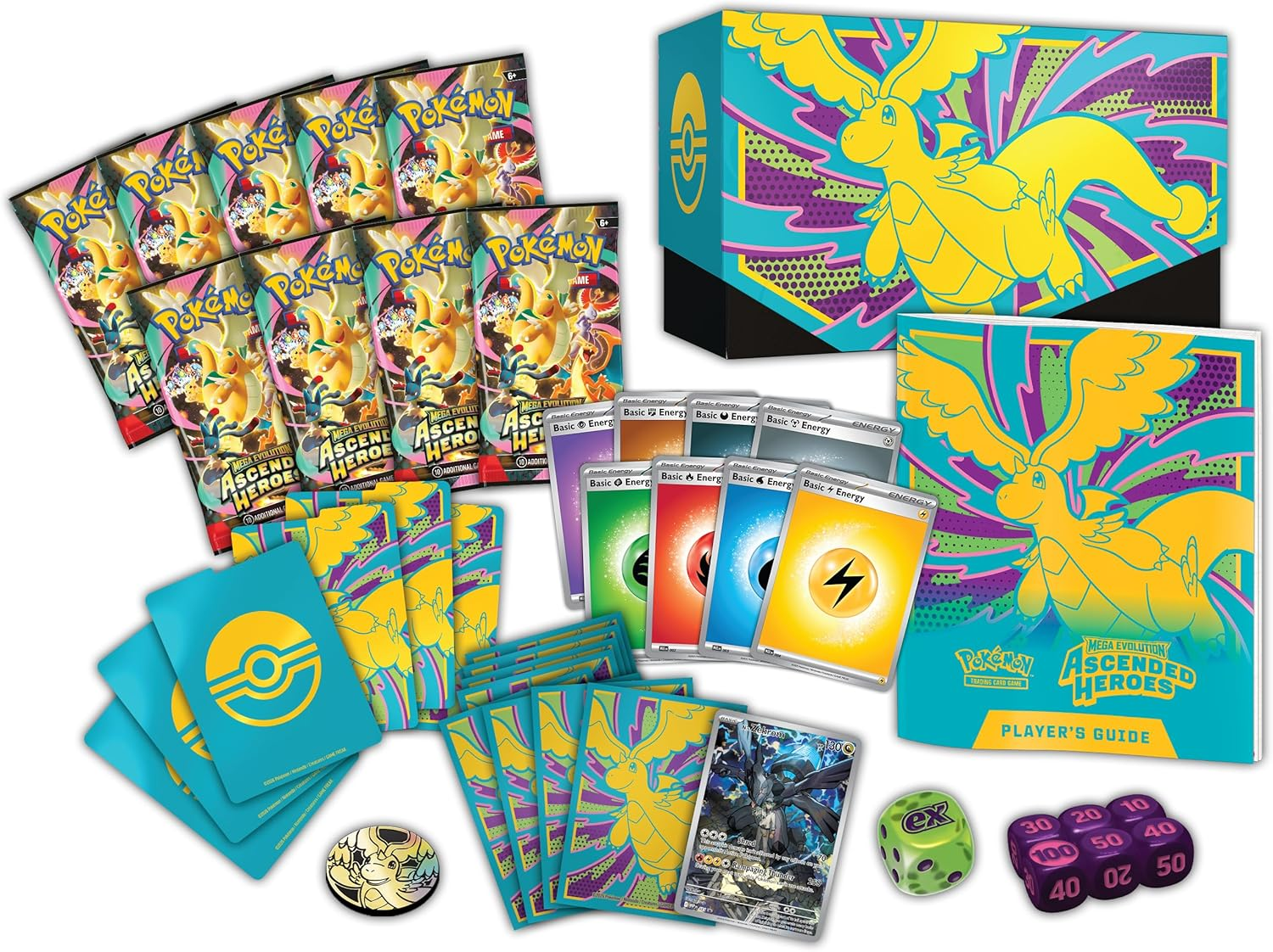 ETB Pokémon Héroes Ascendentes contenido abierto - 9 sobres, fundas, energías, promo N's Zekrom, dados, moneda, guía y caja Mega Dragonite