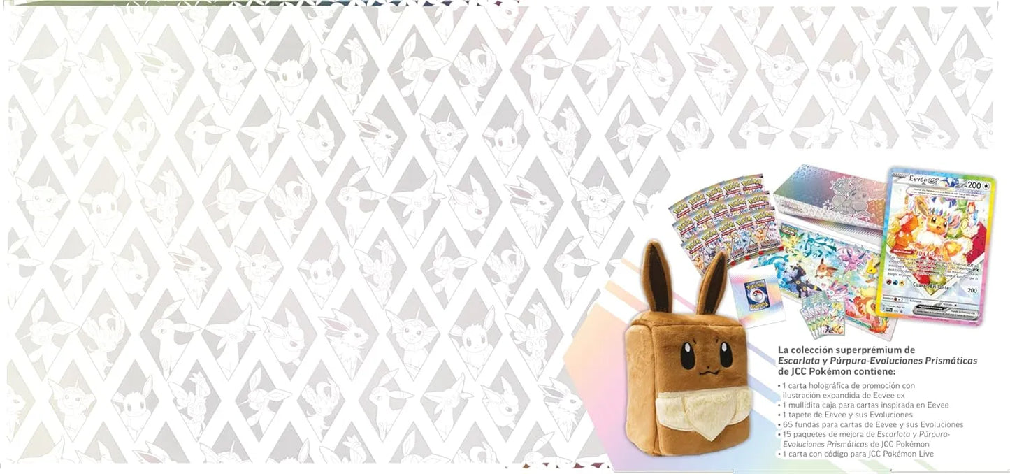Peluche de Eevee junto a la caja de Evoluciones Prismáticas edición en español