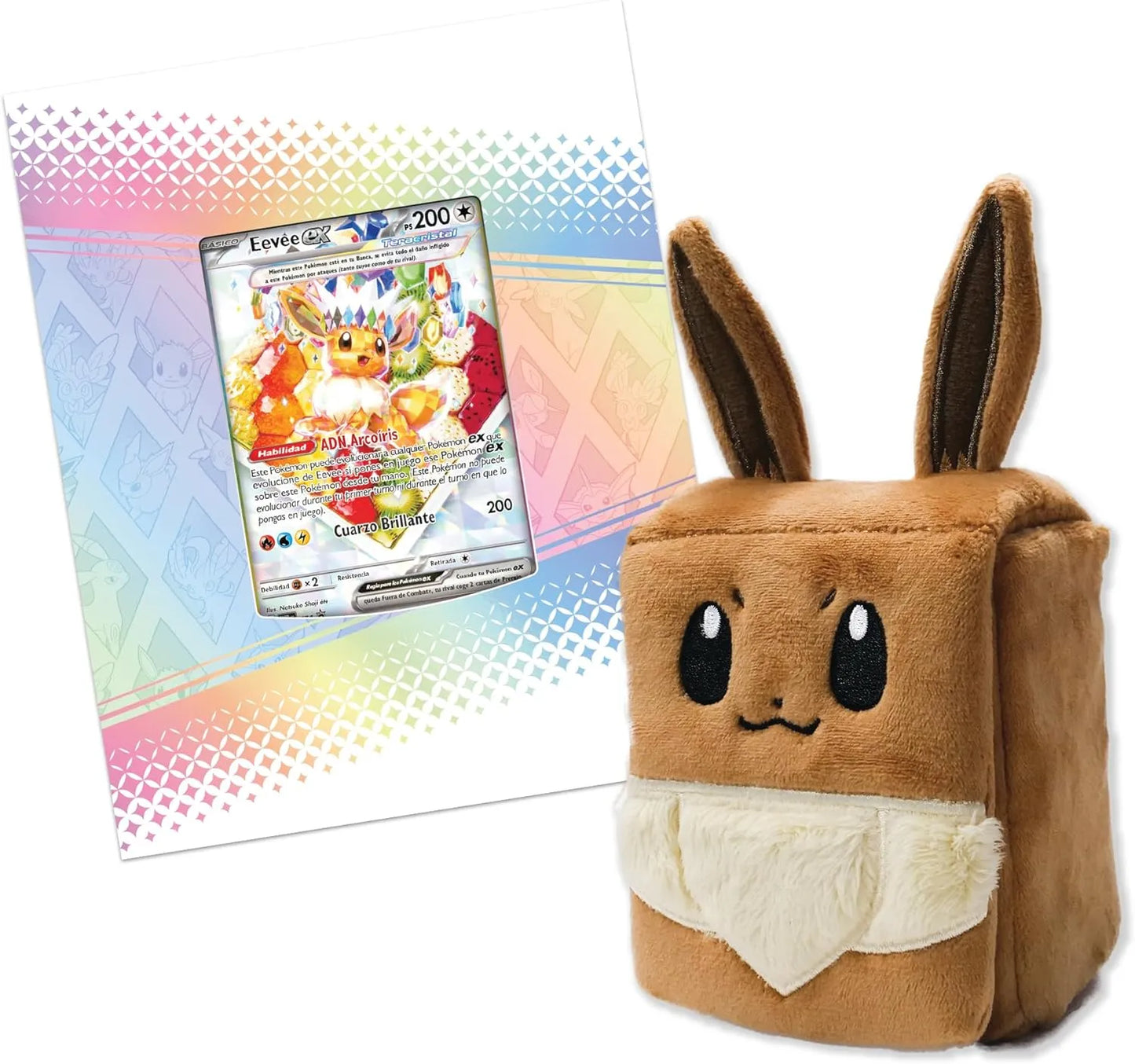 Presentación de Evoluciones Prismáticas con peluche de Eevee y caja en español