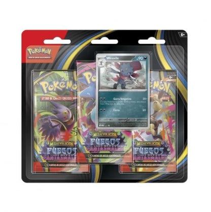 Blíster 3 sobres Pokémon TCG Megaevolución Fuegos Fantasmales con carta promo Weavile en español