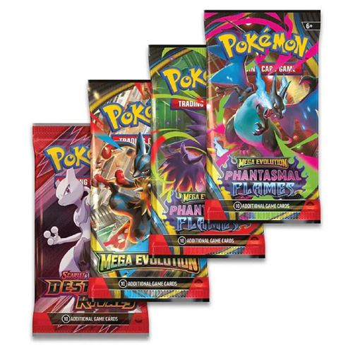 4 sobres Pokémon incluidos en Lata Mega Charizard - Megaevolución Phantasmal Flames y Destined Rivals