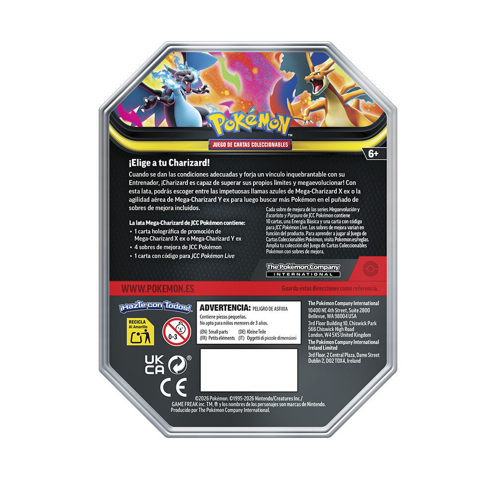 Reverso Lata Mega Charizard Pokémon castellano - Contenido: 1 promo holográfica, 4 sobres de mejora JCC Pokémon y código Pokémon Live