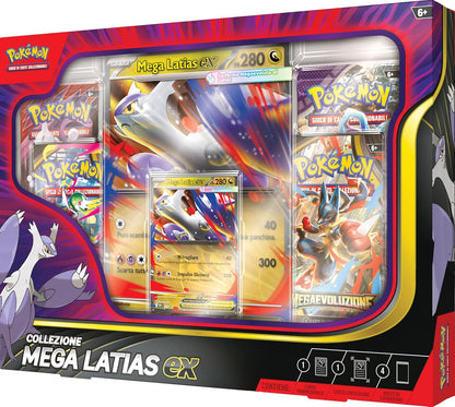 Caja Pokémon Mega Latias EX vista en ángulo con cartas y sobres visibles.