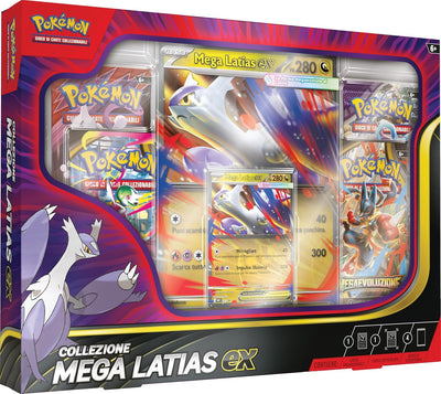Vista frontal de la caja Pokémon Mega Latias EX mostrando contenido y diseño.