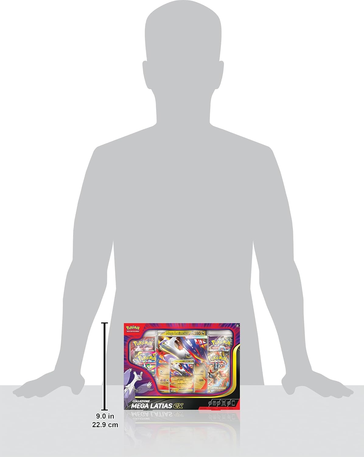 Caja Pokémon Mega Latias EX mostrada a escala junto a una persona para referencia de tamaño.