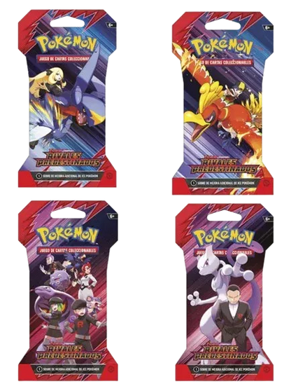Pack con los 4 artes oficiales del sobre blíster Pokémon TCG – Rivales Predestinados / Destined Rivals (ES). Ideal para ficha de producto y galería