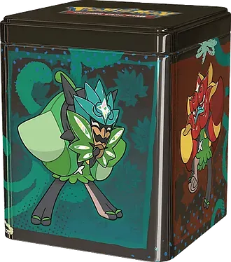 Lata apilable Pokémon Stacking Tin 2025 con Copperajah y Magmortar diseño fuego en inglés
