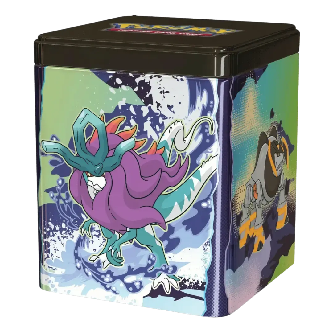 Lata apilable Pokémon Stacking Tin 2025 con Rillaboom diseño verde en inglés