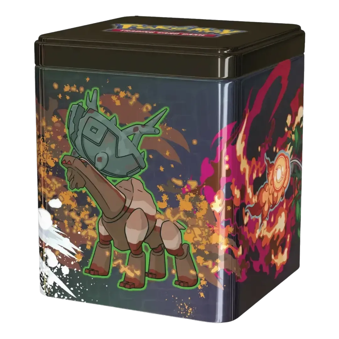 Lata apilable Pokémon Stacking Tin 2025 con Rillaboom diseño verde en inglés