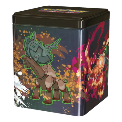 Lata apilable Pokémon Stacking Tin 2025 con Rillaboom diseño verde en inglés