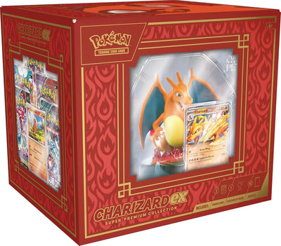 Caja Charizard ex Super Premium – vista 3/4 con arte rojo