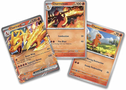 Trío de promos: Charizard ex, Charmeleon y Charmander – fondo blanco