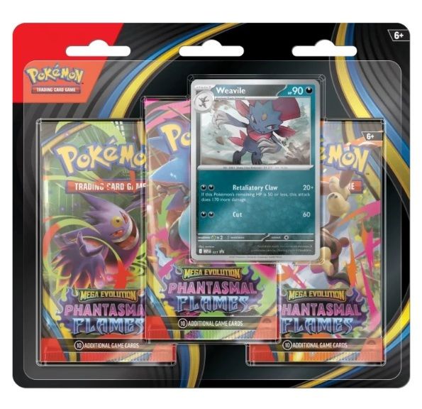 Blíster 3 sobres Pokémon TCG Megaevolución Fuegos Fantasmales con carta promo Weavile en español