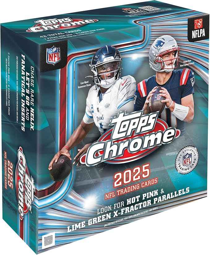Caja Mega Box Topps Chrome NFL 2025 con Cam Ward Titans y Drake Maye Patriots portada inglés